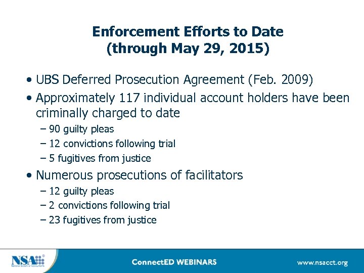 Enforcement Efforts to Date (through May 29, 2015) • UBS Deferred Prosecution Agreement (Feb.