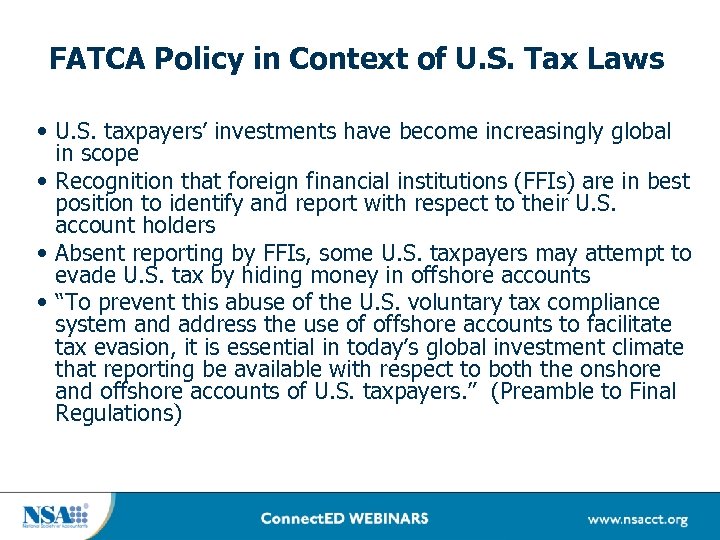 FATCA Policy in Context of U. S. Tax Laws • U. S. taxpayers’ investments