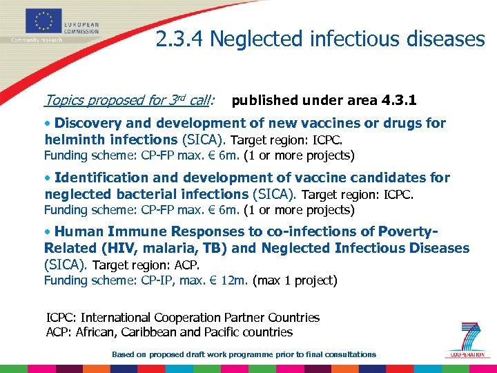 2. 3. 4 Neglected infectious diseases Topics proposed for 3 rd call: published under