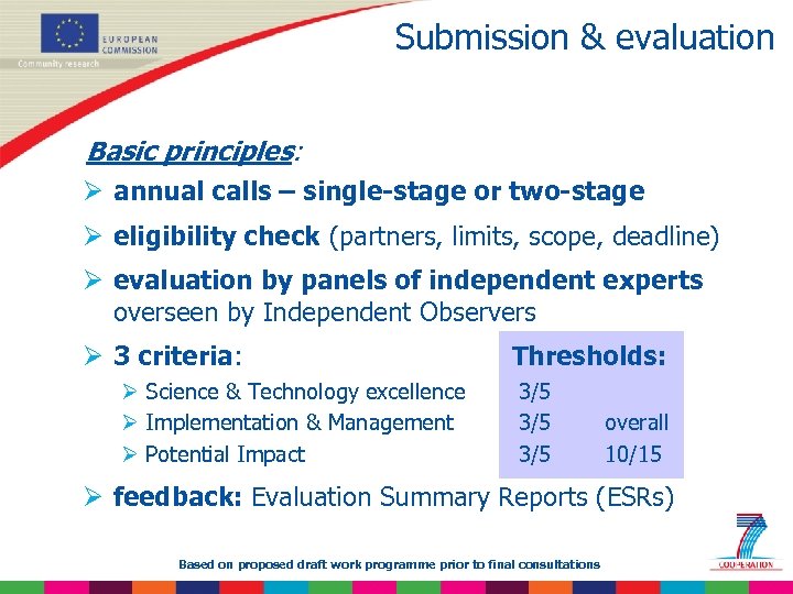 Submission & evaluation Basic principles: Ø annual calls – single-stage or two-stage Ø eligibility