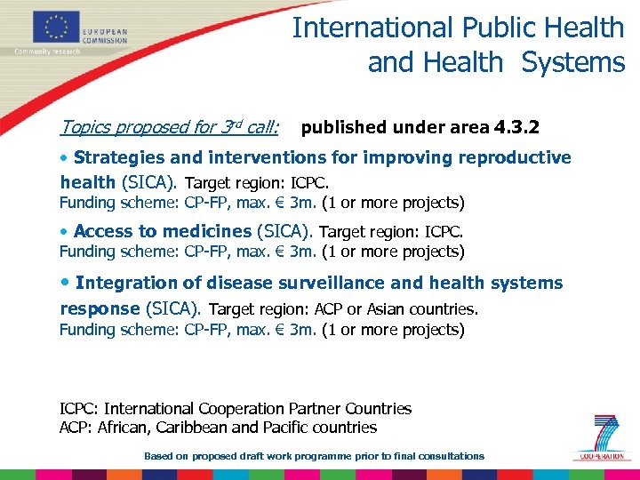 International Public Health and Health Systems Topics proposed for 3 rd call: published under