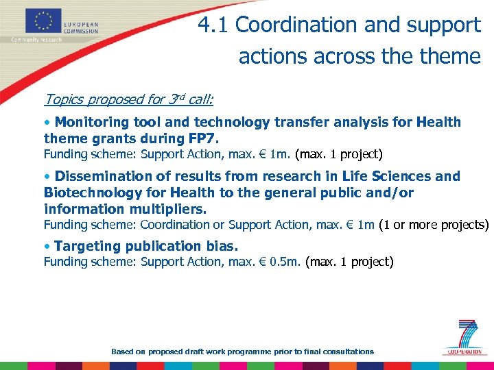 4. 1 Coordination and support actions across theme Topics proposed for 3 rd call: