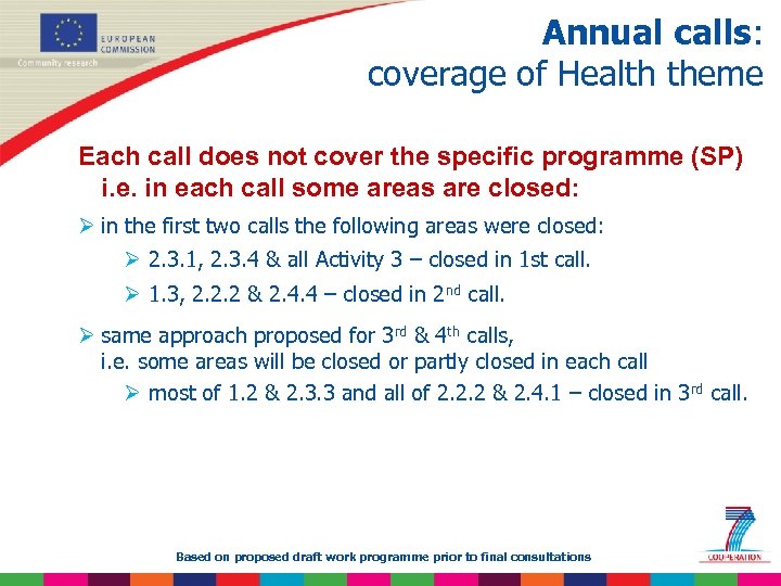 Annual calls: coverage of Health theme Each call does not cover the specific programme