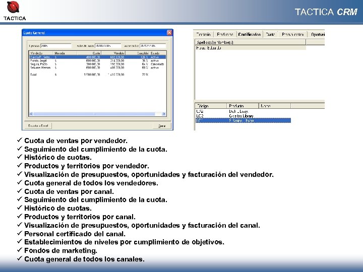 TACTICA ü Cuota de ventas por vendedor. ü Seguimiento del cumplimiento de la cuota.