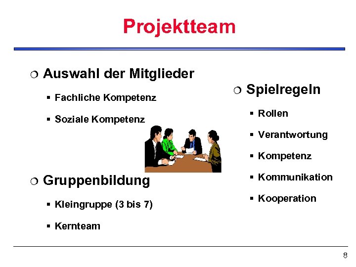 Projektteam ¦ Auswahl der Mitglieder § Fachliche Kompetenz § Soziale Kompetenz ¦ Spielregeln §