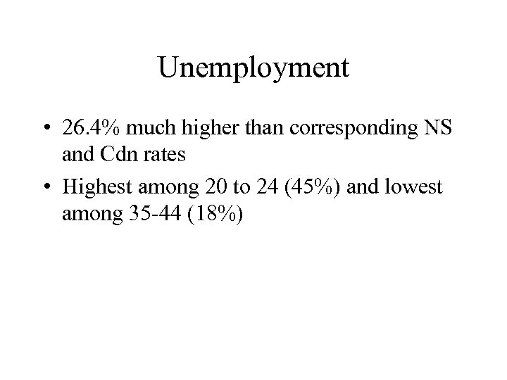 Unemployment • 26. 4% much higher than corresponding NS and Cdn rates • Highest