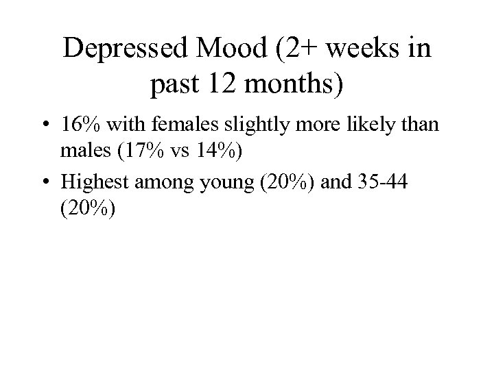 Depressed Mood (2+ weeks in past 12 months) • 16% with females slightly more