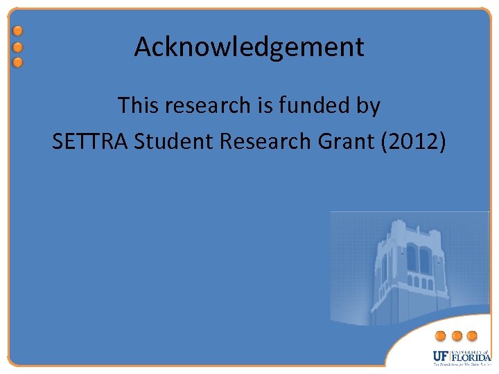 Acknowledgement This research is funded by SETTRA Student Research Grant (2012) 