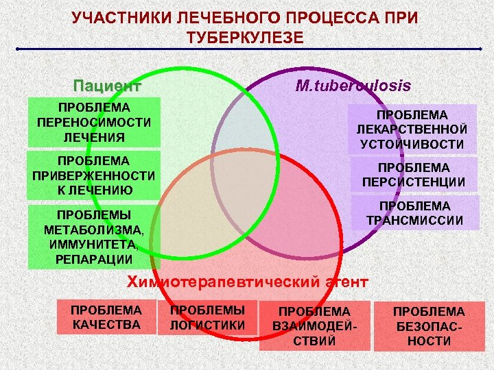 УЧАСТНИКИ ЛЕЧЕБНОГО ПРОЦЕССА ПРИ ТУБЕРКУЛЕЗЕ M. tuberculosis Пациент ПРОБЛЕМА ПЕРЕНОСИМОСТИ ЛЕЧЕНИЯ ПРОБЛЕМА ЛЕКАРСТВЕННОЙ УСТОЙЧИВОСТИ
