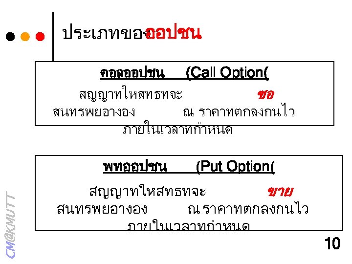 ประเภทของ ออปชน คอลออปชน (Call Option( สญญาทใหสทธทจะ ซอ สนทรพยอางอง ณ ราคาทตกลงกนไว ภายในเวลาทกำหนด CM@KMUTT พทออปชน (Put