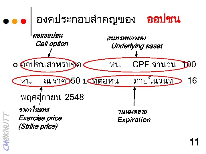 องคประกอบสำคญของ คอลออปชน Call option ¢ ออปชนสำหรบซอ หน ออปชน สนทรพยอางอง Underlying asset หน ณ ราคา