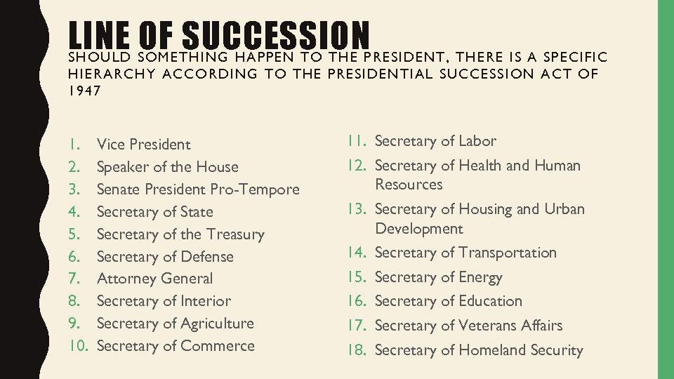 LINE OF SUCCESSION SHOULD SOMET HING HAPPEN TO THE PRESIDENT, THERE IS A SPECIFIC