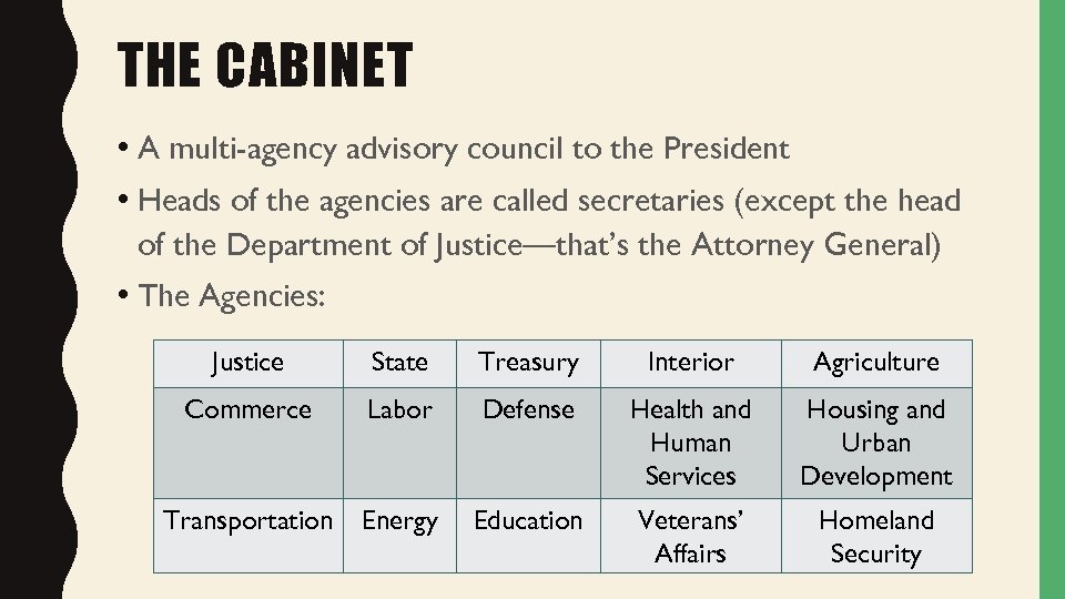THE CABINET • A multi-agency advisory council to the President • Heads of the