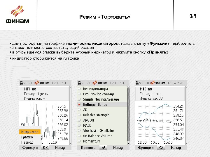 Режим «Торговать» 19 • для построения на графике технических индикаторов, нажав кнопку «Функции» выберите