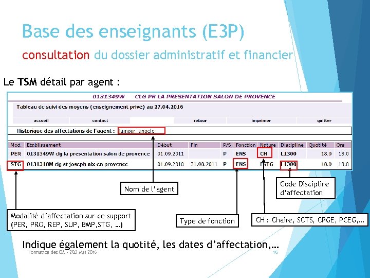 Base des enseignants (E 3 P) consultation du dossier administratif et financier Le TSM