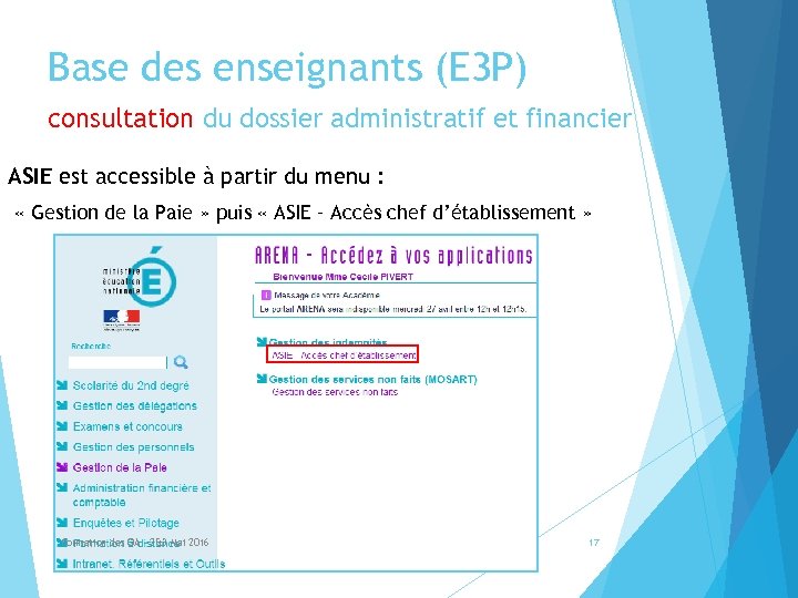 Base des enseignants (E 3 P) consultation du dossier administratif et financier ASIE est
