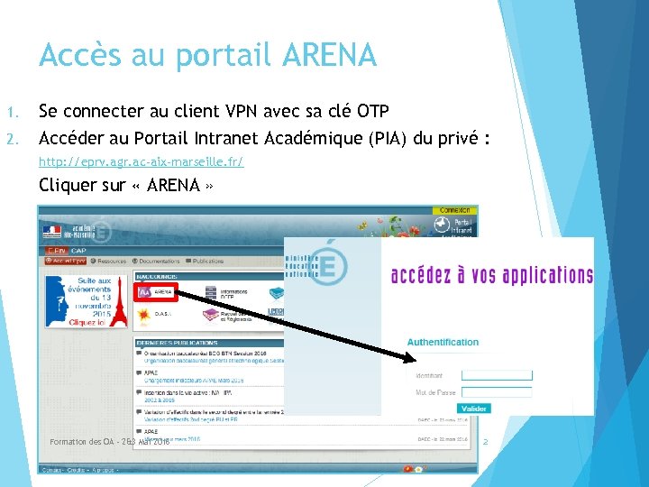 Accès au portail ARENA 1. 2. Se connecter au client VPN avec sa clé