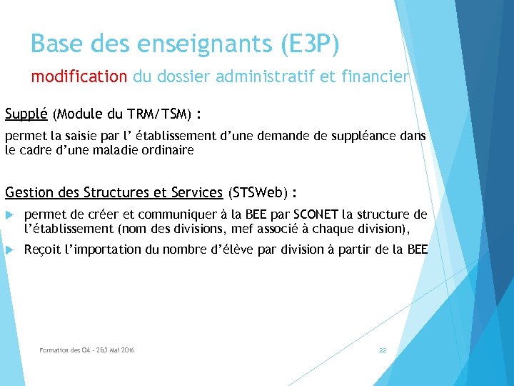 Base des enseignants (E 3 P) modification du dossier administratif et financier Supplé (Module