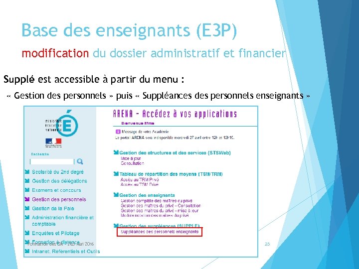 Base des enseignants (E 3 P) modification du dossier administratif et financier Supplé est