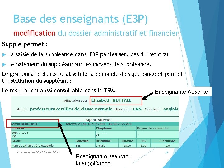 Base des enseignants (E 3 P) modification du dossier administratif et financier Supplé permet