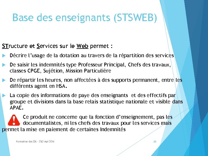 Base des enseignants (STSWEB) STructure et Services sur le Web permet : Décrire l’usage
