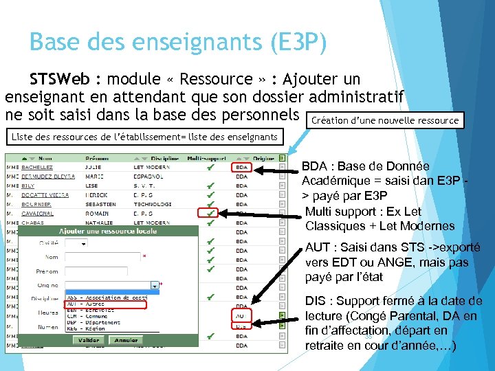 Base des enseignants (E 3 P) STSWeb : module « Ressource » : Ajouter
