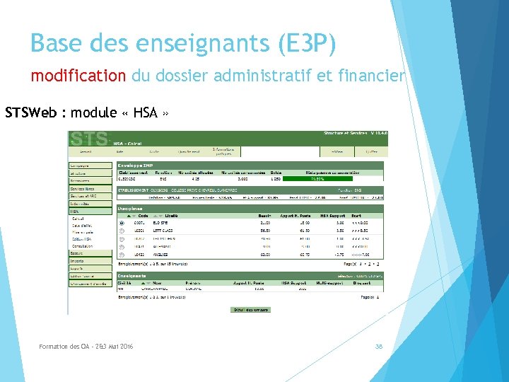Base des enseignants (E 3 P) modification du dossier administratif et financier STSWeb :