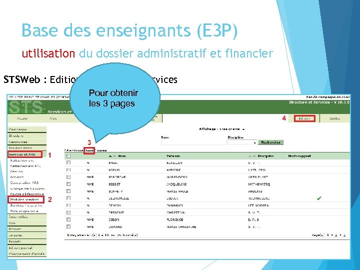 Base des enseignants (E 3 P) utilisation du dossier administratif et financier STSWeb :
