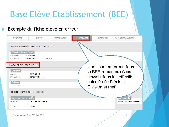 Base Elève Etablissement (BEE) Exemple du fiche élève en erreur Une fiche en erreur