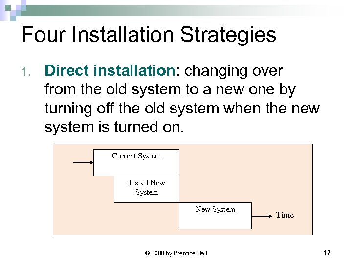Four Installation Strategies 1. Direct installation: changing over from the old system to a