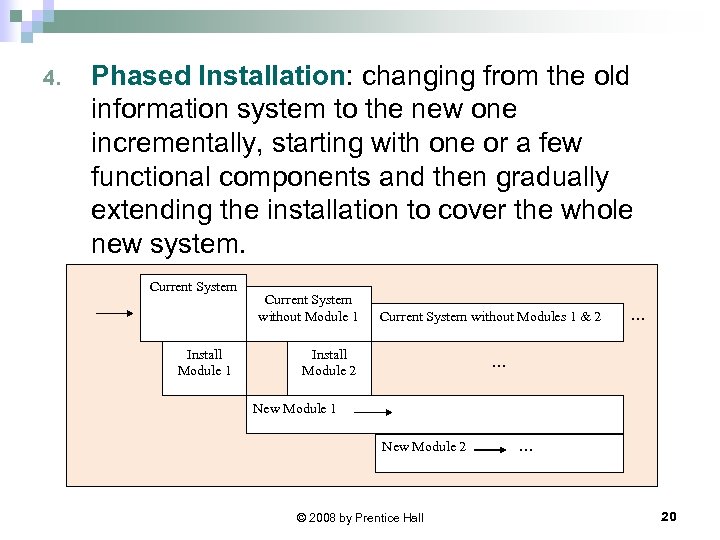 4. Phased Installation: changing from the old information system to the new one incrementally,