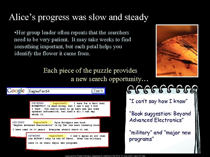 Alice’s progress was slow and steady • Her group leader often repeats that the