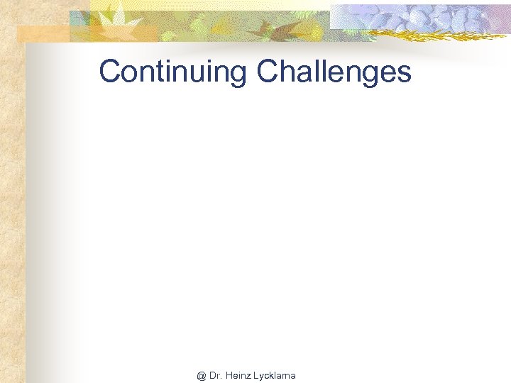 Continuing Challenges @ Dr. Heinz Lycklama 