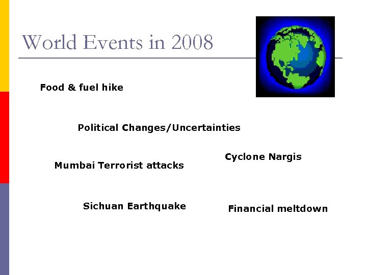 World Events in 2008 Food & fuel hike Political Changes/Uncertainties Mumbai Terrorist attacks Sichuan