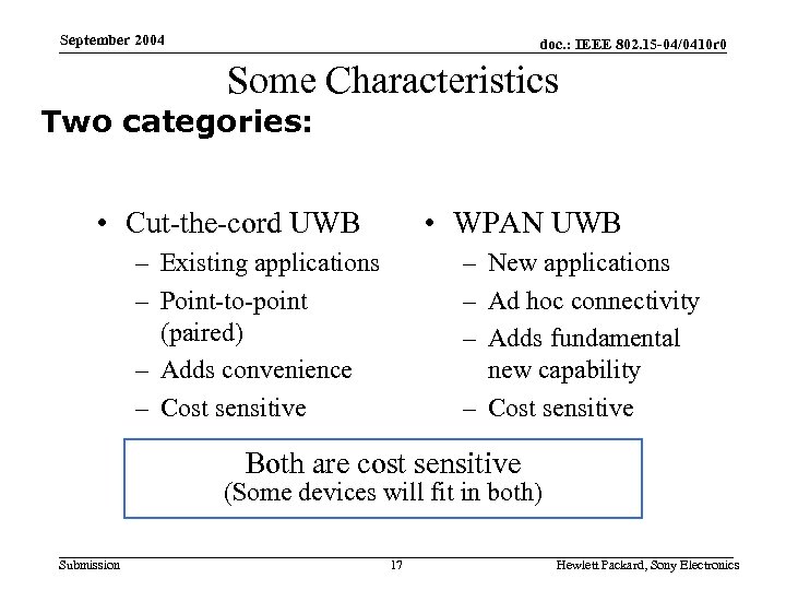 September 2004 doc. : IEEE 802. 15 -04/0410 r 0 Some Characteristics Two categories: