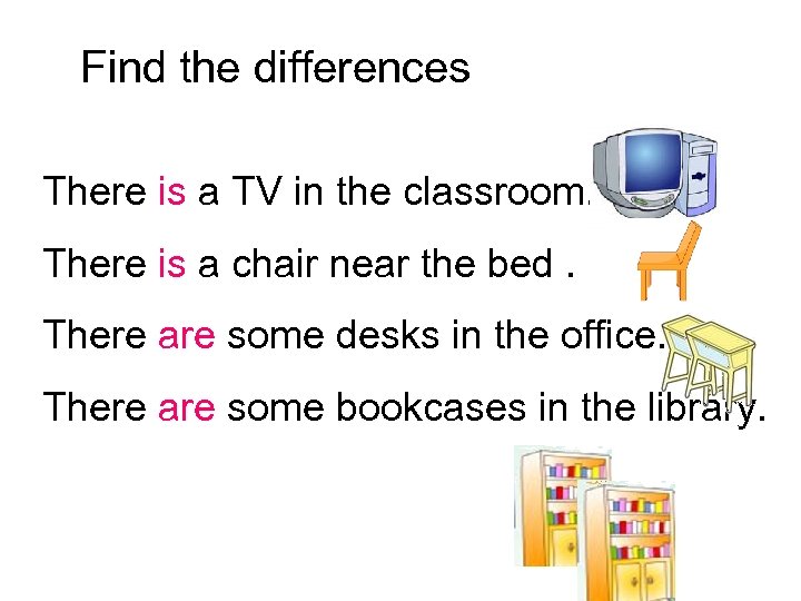 Find the differences There is a TV in the classroom. There is a chair