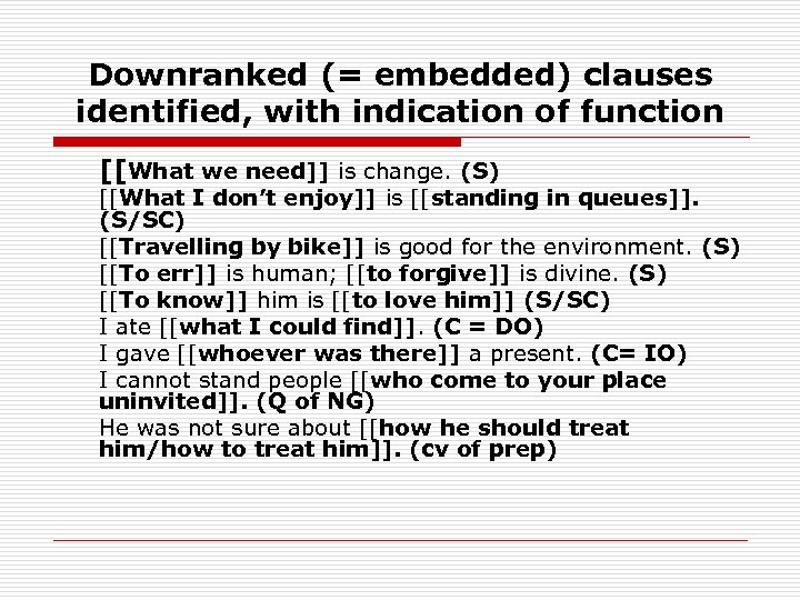 Downranked (= embedded) clauses identified, with indication of function [[What we need]] is change.