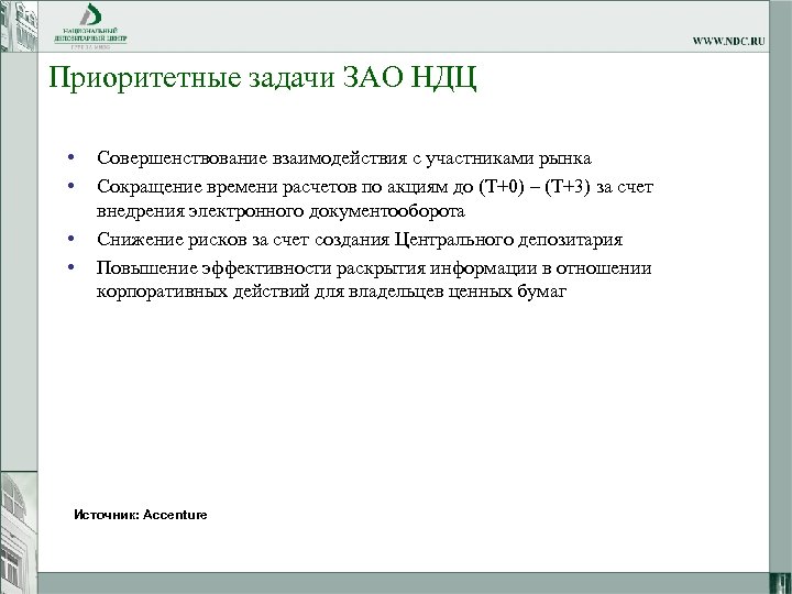 Приоритетные задачи ЗАО НДЦ • • Совершенствование взаимодействия с участниками рынка Сокращение времени расчетов