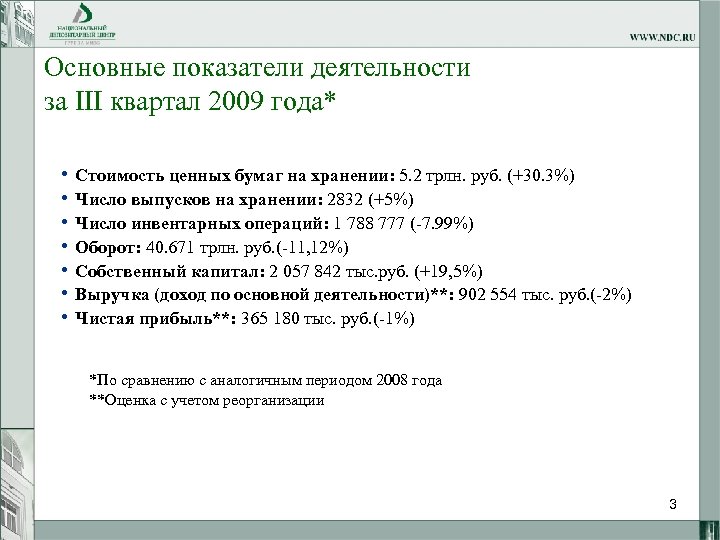 Основные показатели деятельности за III квартал 2009 года* • • Стоимость ценных бумаг на