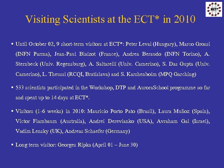 Visiting Scientists at the ECT* in 2010 § Until October 02, 9 short-term visitors