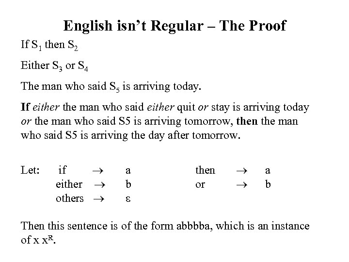 English isn’t Regular – The Proof If S 1 then S 2 Either S