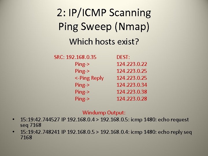 2: IP/ICMP Scanning Ping Sweep (Nmap) Which hosts exist? SRC: 192. 168. 0. 35