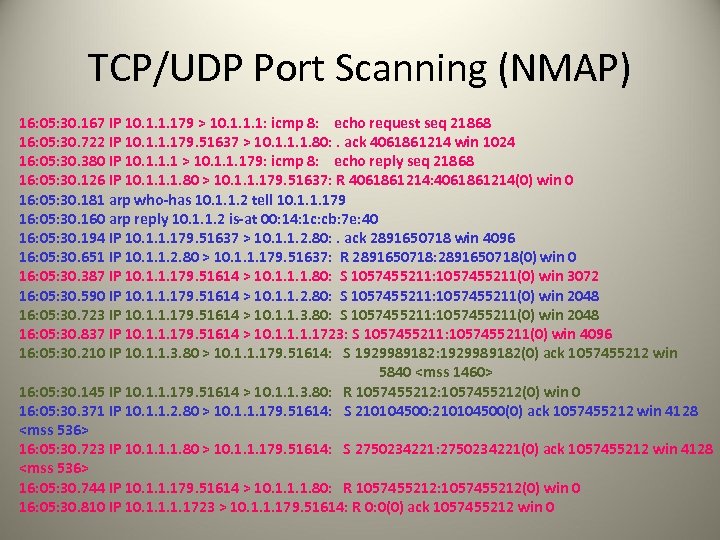 TCP/UDP Port Scanning (NMAP) 16: 05: 30. 167 IP 10. 1. 1. 179 >