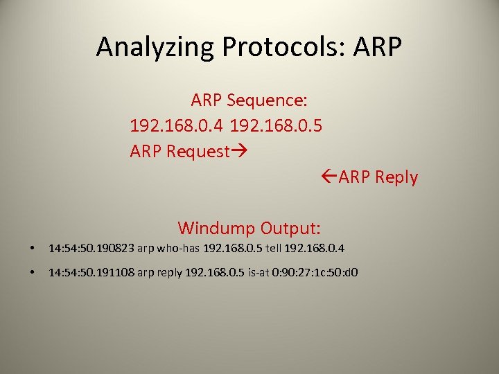 Analyzing Protocols: ARP Sequence: 192. 168. 0. 4 192. 168. 0. 5 ARP Request
