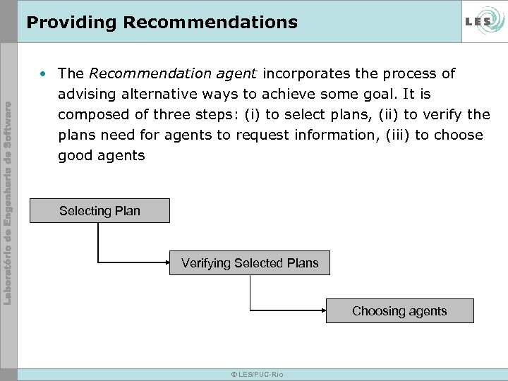 Providing Recommendations • The Recommendation agent incorporates the process of advising alternative ways to