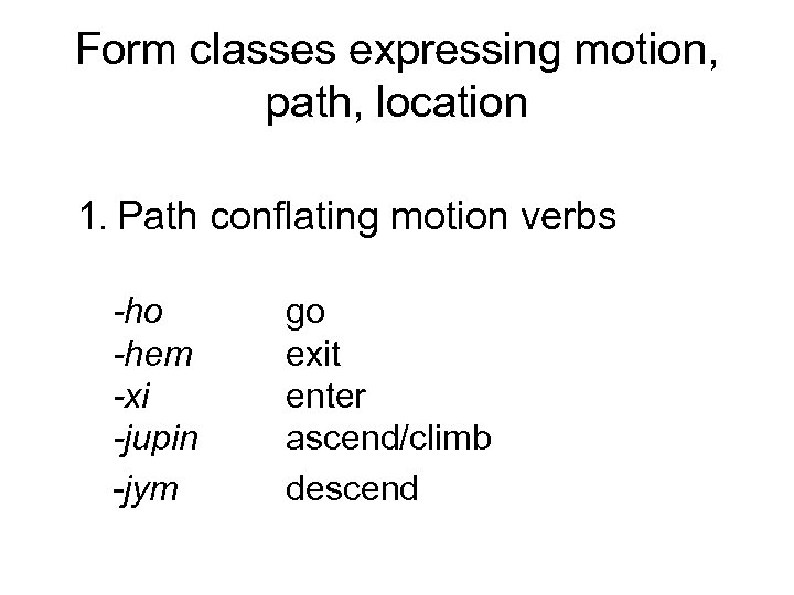 Form classes expressing motion, path, location 1. Path conflating motion verbs -ho -hem -xi