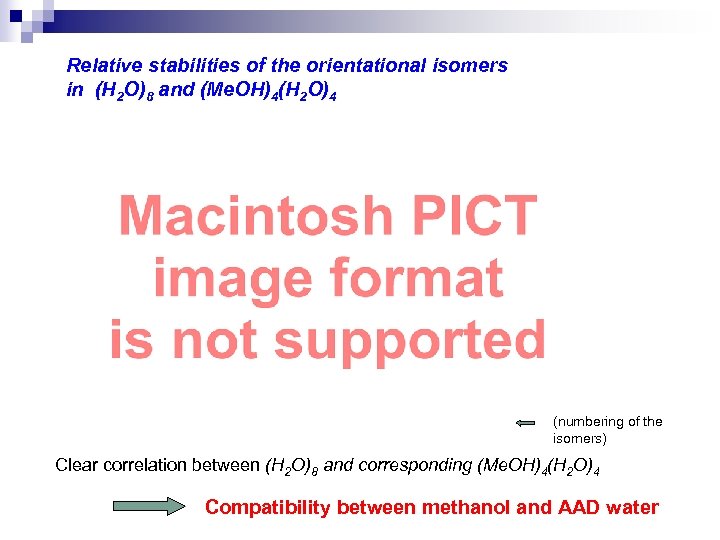 Relative stabilities of the orientational isomers in (H 2 O)8 and (Me. OH)4(H 2