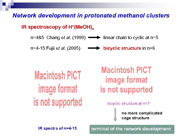 Network development in protonated methanol clusters IR spectroscopy of H+(Me. OH)n n=4&5 Chang et