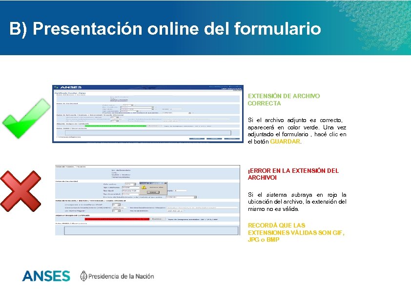 B) Presentación online del formulario EXTENSIÓN DE ARCHIVO CORRECTA Si el archivo adjunto es