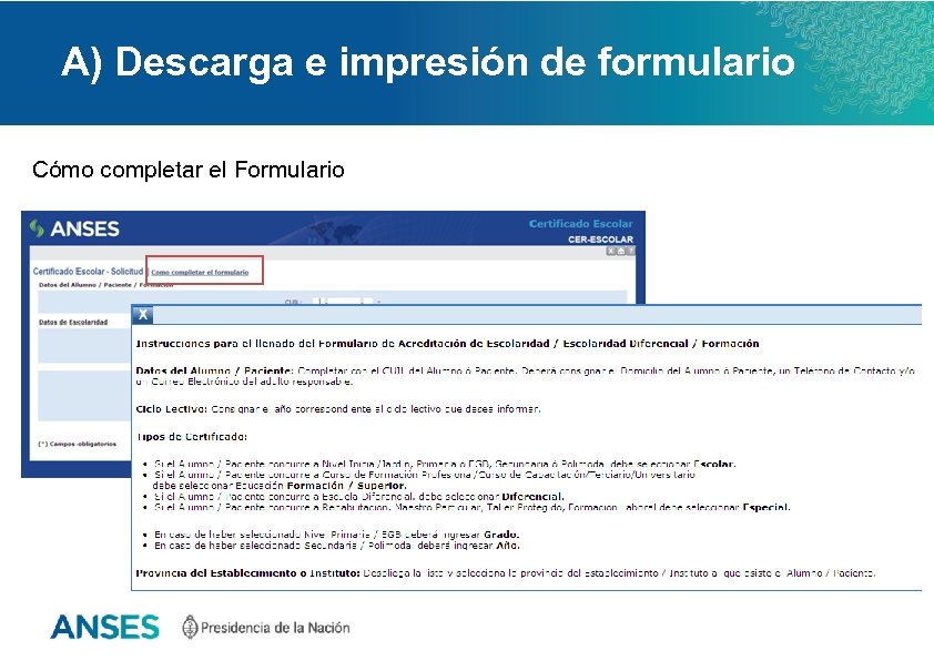 A) Descarga e impresión de formulario Cómo completar el Formulario 